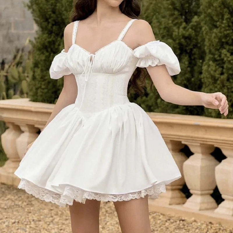Mini Robe de princesse avec nœud froncé sur la poitrine, Style Corset, manches bouffantes, dentelle épissée, taille fine, ourlet à volants, gâteau, Mini Robe de soirée