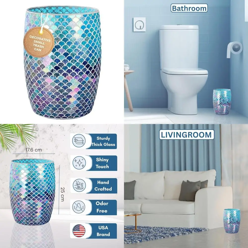 

Mosaic Glass Bathroom Trash Can - 5L Decorative Small Garbage Can for Restroom | 7 x 10 Luxury Waste Basket