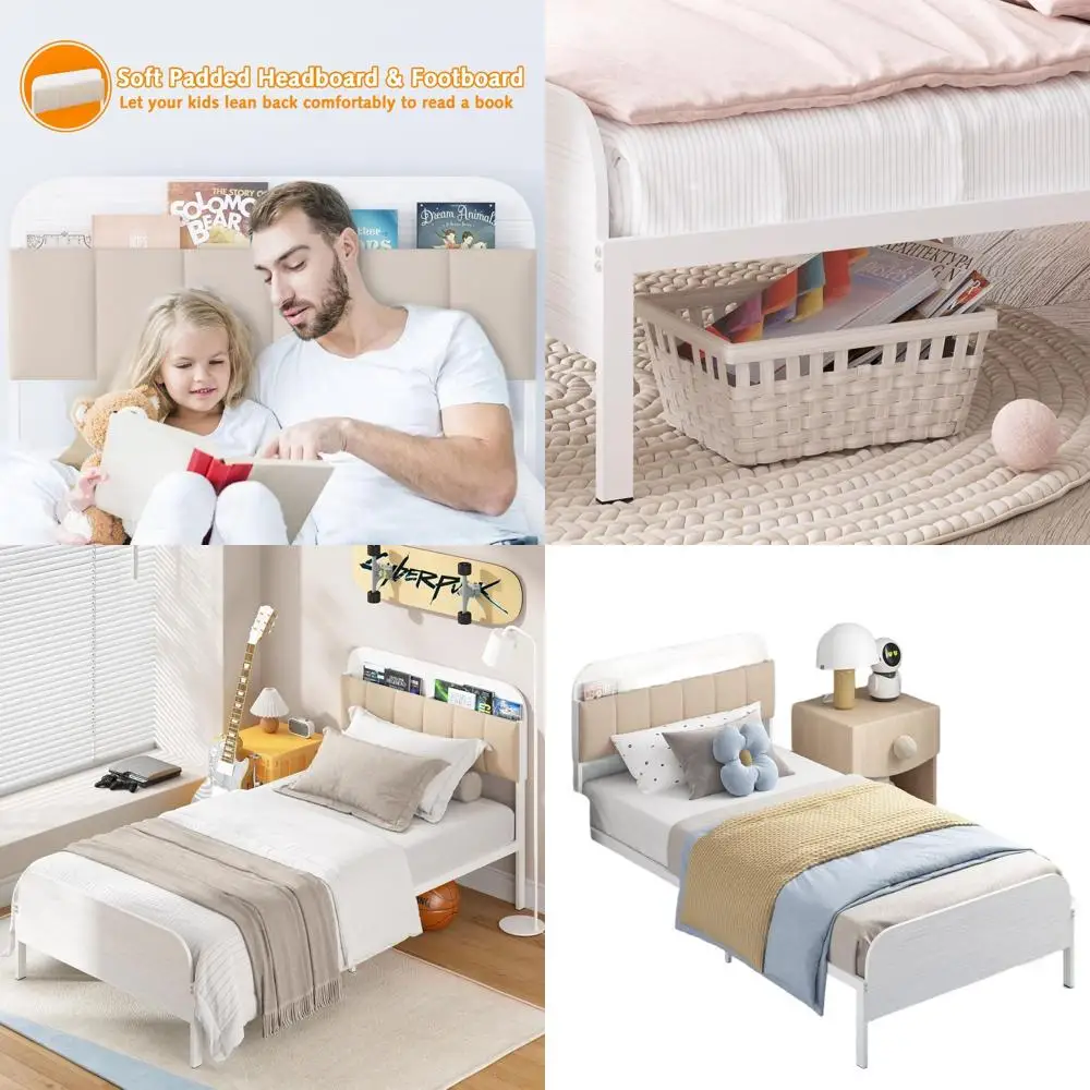 책장 헤드보드가 있는 흰색 트윈 금속 침대 프레임, 어린이, 청소년, 성인을 위한 덮개를 씌운 침대, 박스 스프링 필요 없음