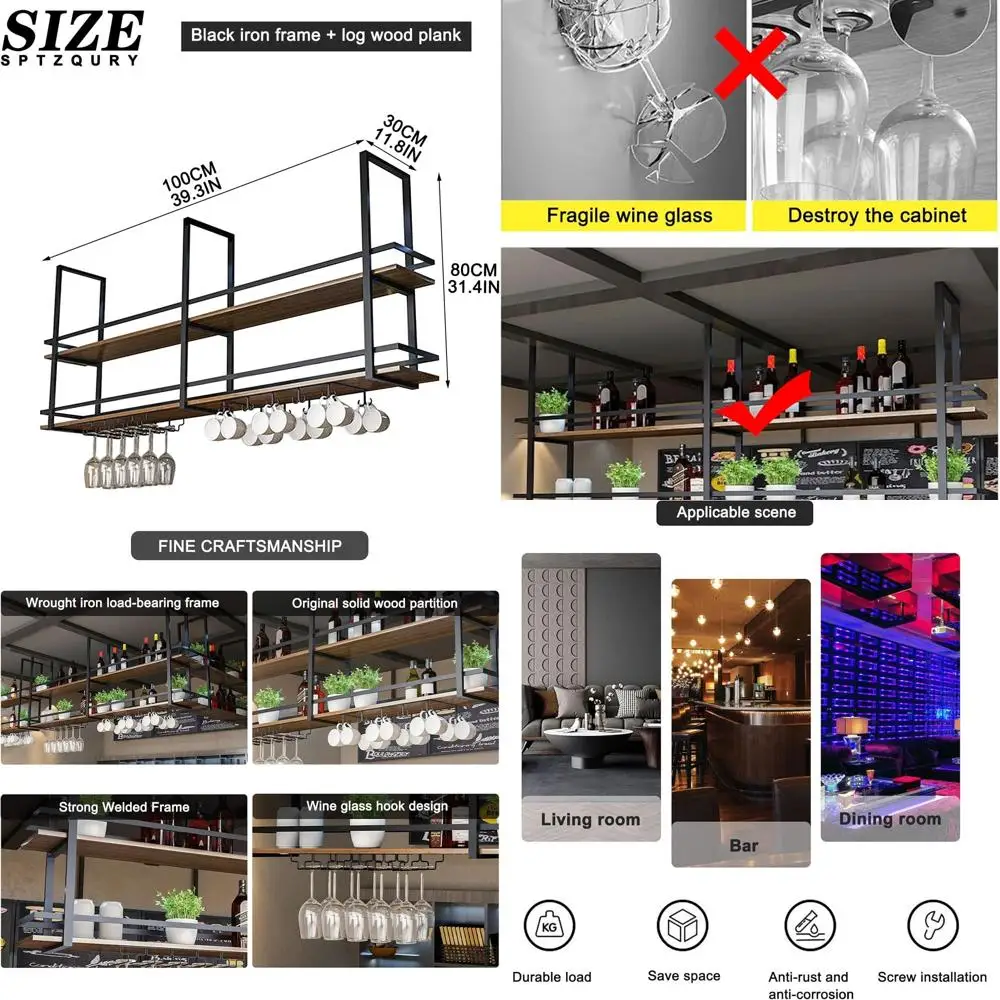 

Gold Hanging Wine Rack, 2-Tier with Glass Holder, 39.3 High for Bar or Kitchen