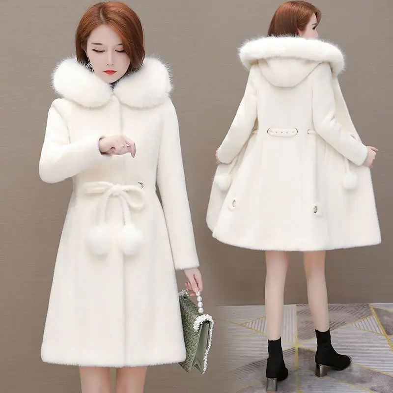 imitation Mink velvet coat female 2025 new winter clothing fashion Mid-Length Long sleeve slim hooded overcoat women tide T640