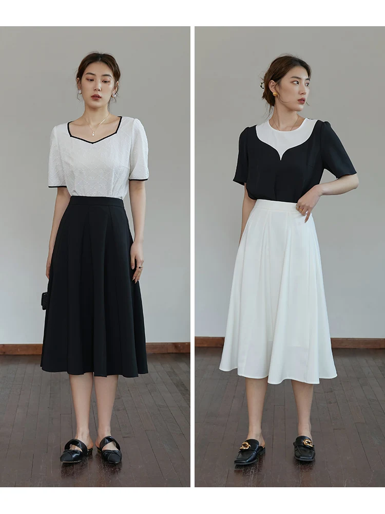 DUSHU Slightly Fat Lady High Waist Insert Design Draped Skirt A-LINE Mid-Calf Dress Office Lady Solid Mid Length Umbrella Skirt