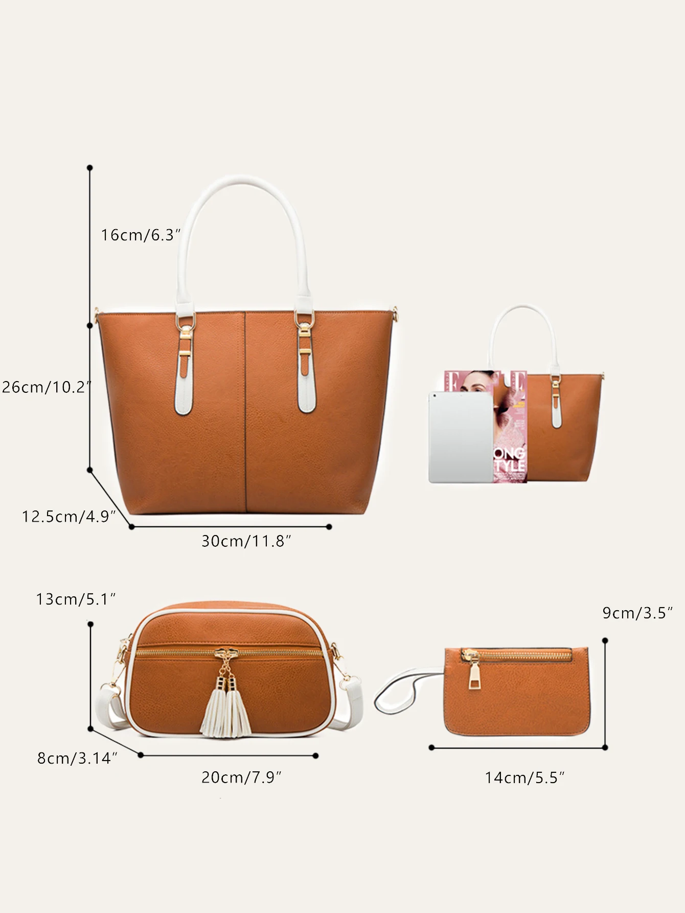 CR Women PU Vegan Leather Contrast Color Handbag Set Fashion Tote Shoulder Crossbody Bag Clutch Wristlet Purse Cardholder Casual view 5