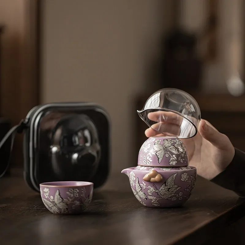Purple Butterfly Love Flower Travel Tea Set Portable Outdoor Camping Quick Cup Tea Maker Luxury Gift Person Two Cup Quick Cup