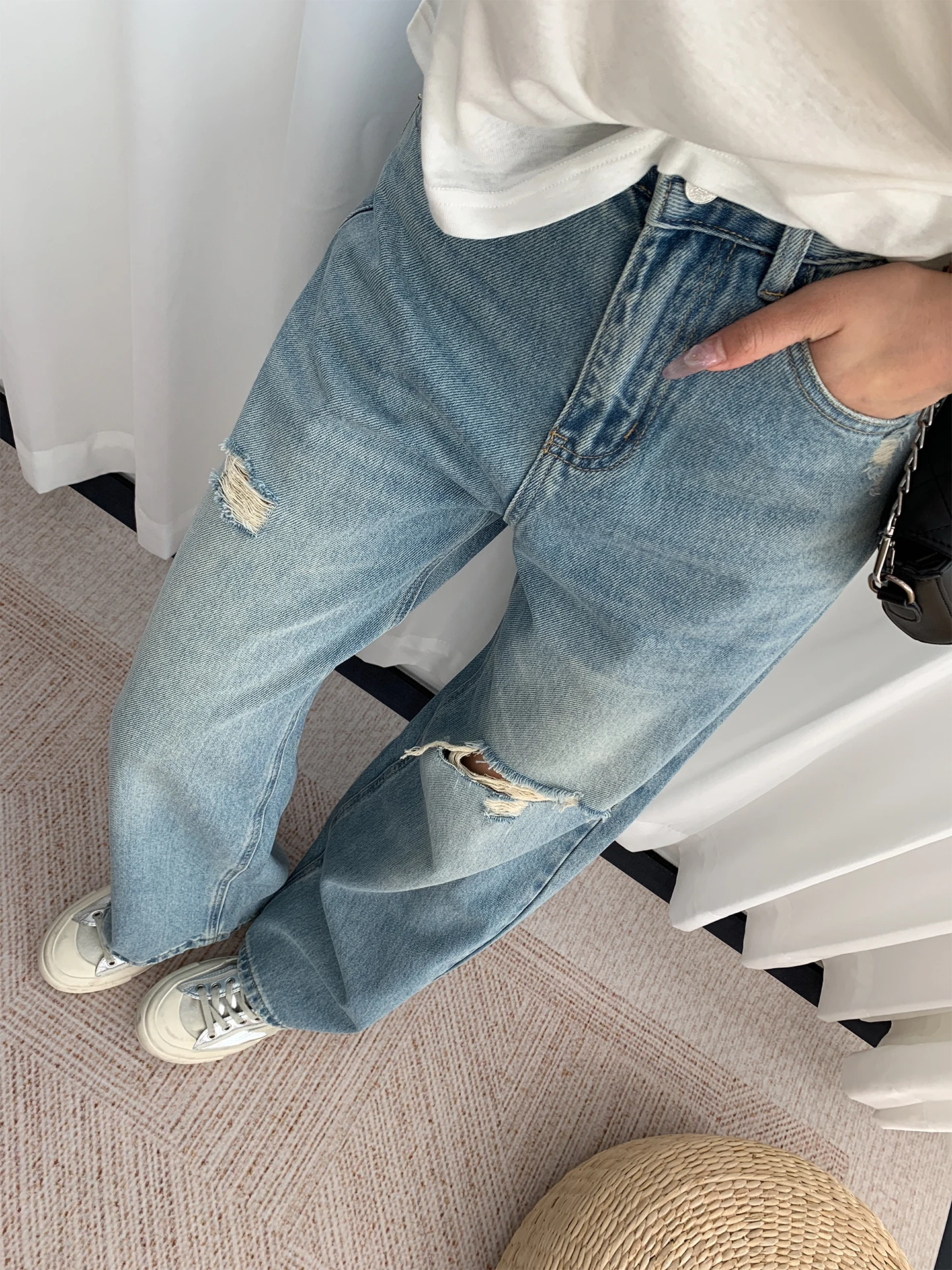 

Женские джинсы с высокой талией из хлопка, прямого кроя, весенние, свободные, с рваными элементами, в стиле «бананы», повседневные брюки