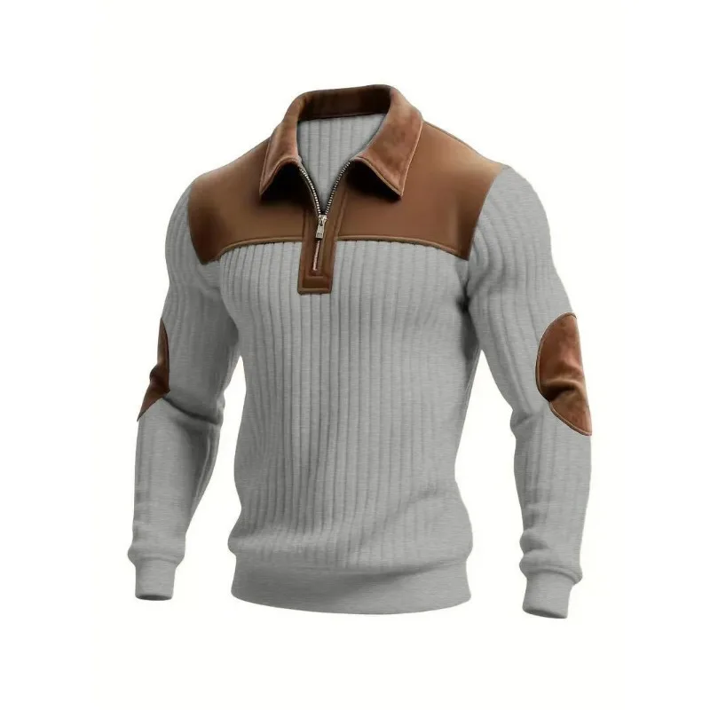 Men Autumn Winter Zip Up Sweatshirt Lapel Splicing Casual Commute Sports Top For European And American Cross Border