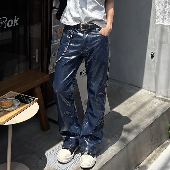 Mens Deep Blue Glossy Coated Jeans Fit Flared Denim Pants with Shine Leather Finish for Edgy Streetwear Looks