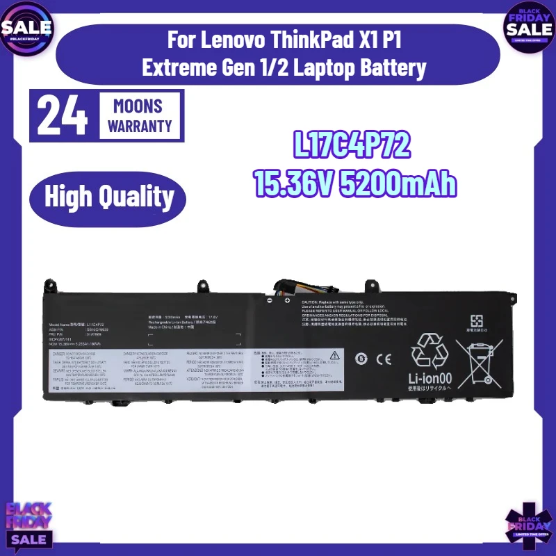 L17C4P72 15.36V 5200mAh 80Wh Laptop Battery For Lenovo ThinkPad X1 P1 Extreme Gen 1/2 Laptop Battery