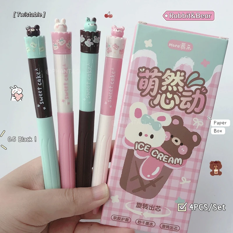 

4PCS Rabbit And Bear Style Gel Pen Twistable Cake Writing Pen 0.5mm Quick Dry Black Pen Soft Grip Pen Rotatable Gel Pen