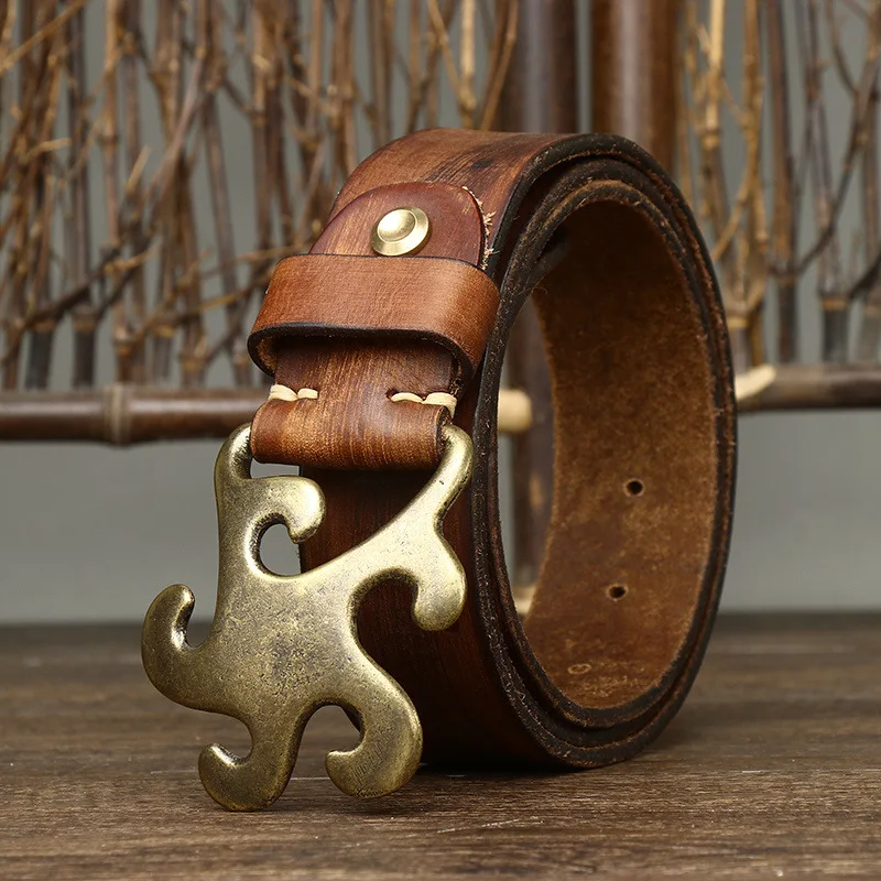 3.8CM Men High Quality Genuine Leather Belt Luxury Brass Smooth Buckle Belts Pure Cowskin Vintage Strap Male Jeans for Man
