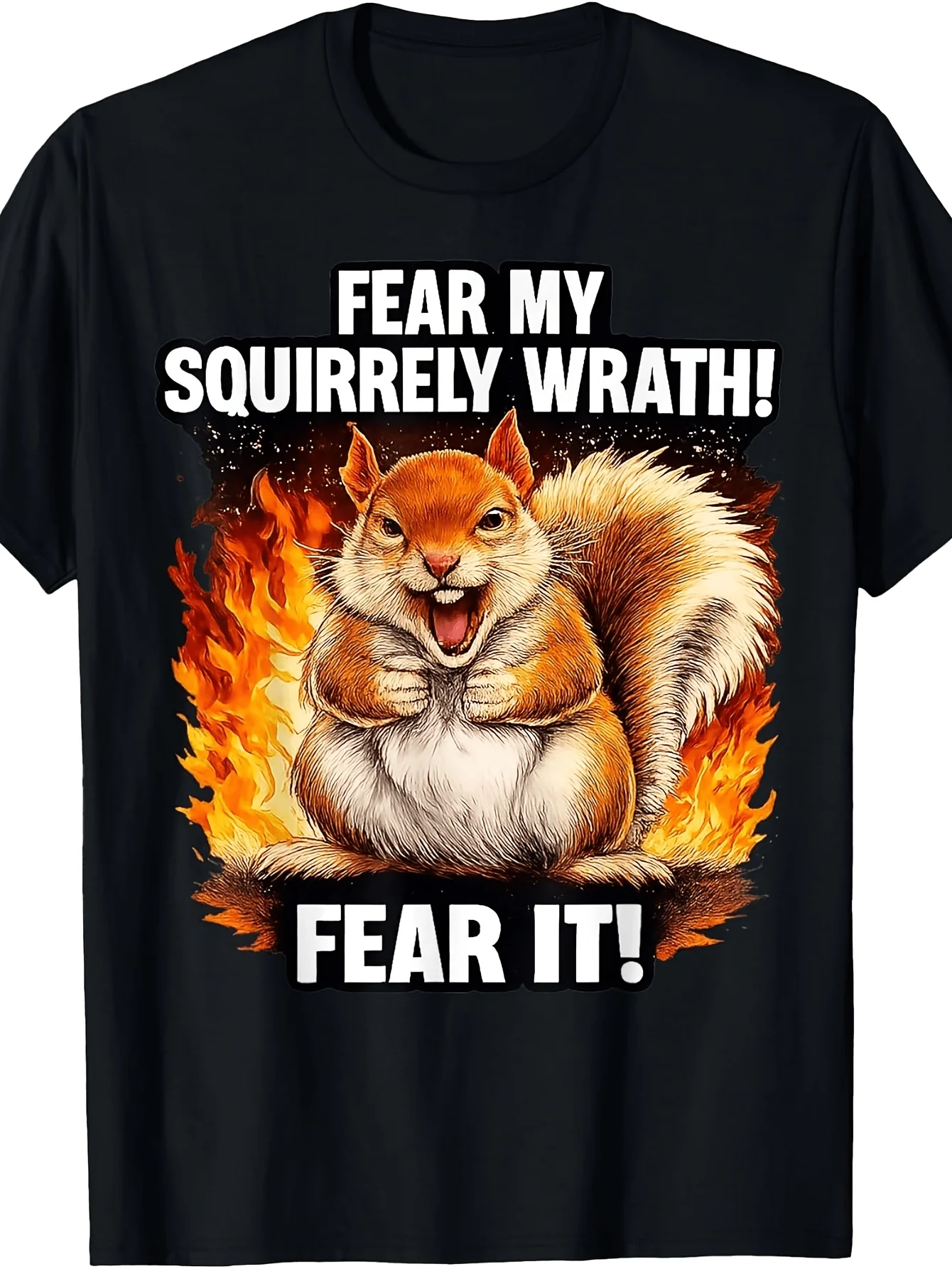 Vintage Fun Squirrel T-Shirt - Featuring a Fear My Squirrel's Fury Print, Includes Angry Squirrel Graphics, Round Neck Casual Style, Suitable for Everyday Wear, Machine Washable, Perfect for Themed Parties and Everyday Outfits