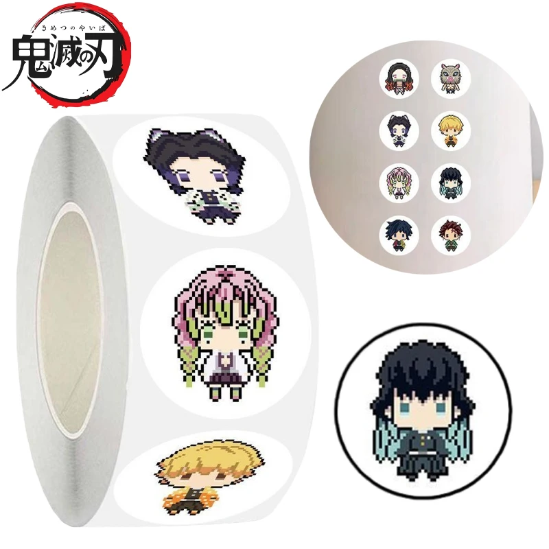 500 stks/rol Demon Slayer Cartoon Stickers DIY Anime Leuke Pixel Stickers Decoratieve Label Seal Kids Party Verjaardag Stickers Gift