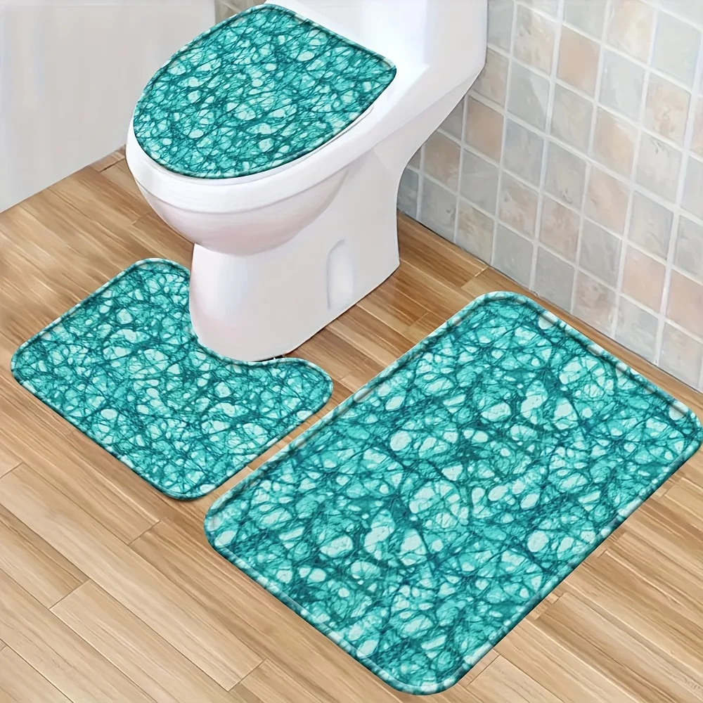 

3PCS Turquoise Pebble Pattern Bathroom Set Non Slip Toilet Lid Cover Floor Mat U Shaped Rug Home Decor