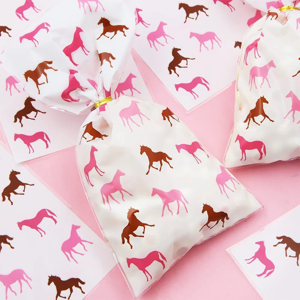 Pink Brown Pony Horse Racing Candy Treat Bag with Twist Ties for Cowboy Cowgirl Western Themed Party Birthday Wedding Supplies