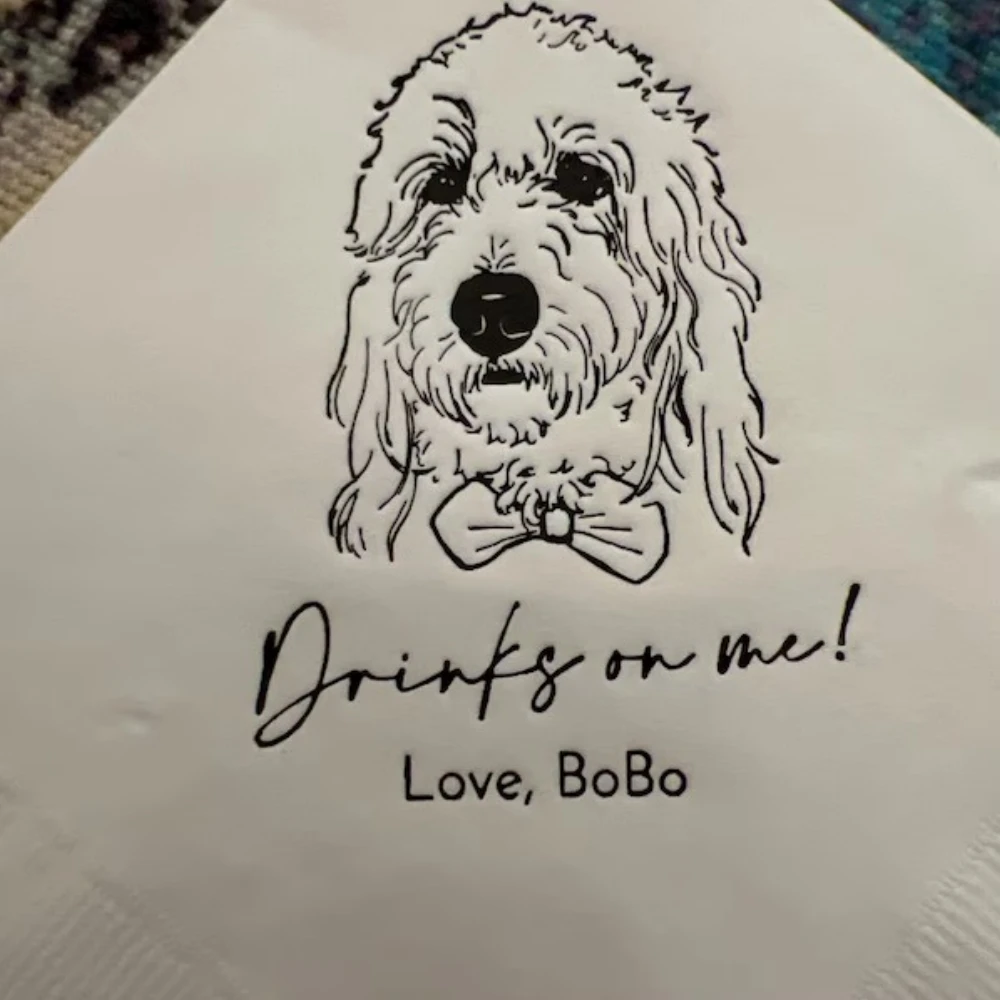 50Pcs Dog Cocktail Napkins Custom Wedding Reception Pet Drawing Beverage Napkins Gold Foil Custom Dogs Illustration Pet Portrait