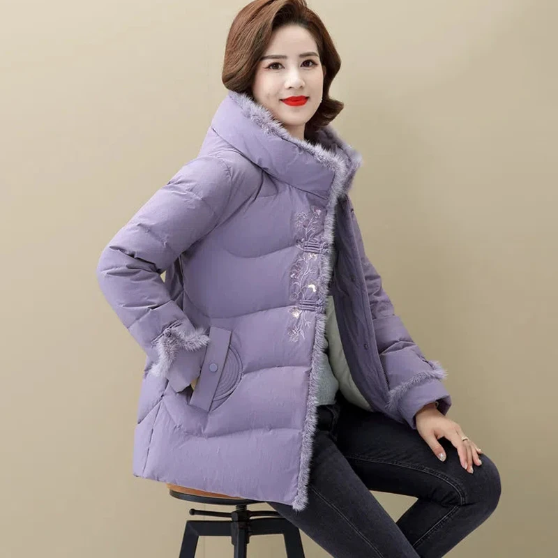 Women's Embroidered Down Jacket, Mink Hair Coat, Hooded Parker Overcoat, Female Casual Warm 90% White Duck Down Outerwear, Winte