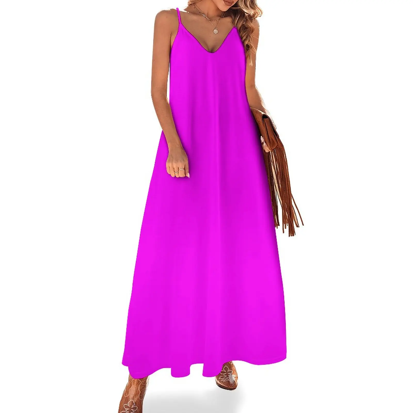 

New Purple Fuchsia: Plain bright pink, ultra bright neon magenta, just color Sleeveless Dress women long dresses Casual dresses