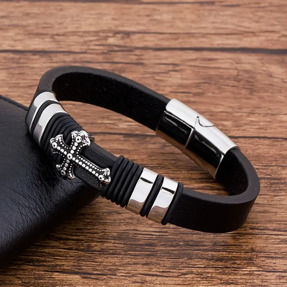 

TYO Gothic Braided Leather Bracelet Punk Cross Accessories Handmade DIY Men's Fashion Black Bangles Wholesale Dropshipping