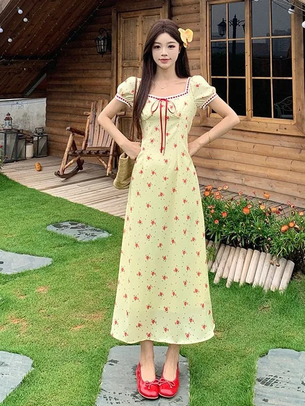 

Yellow Floral Print Square Collar ort Sve Maxi Dr Women's Summer New Sle Waist Cinching Long Dr plus Size Korean...