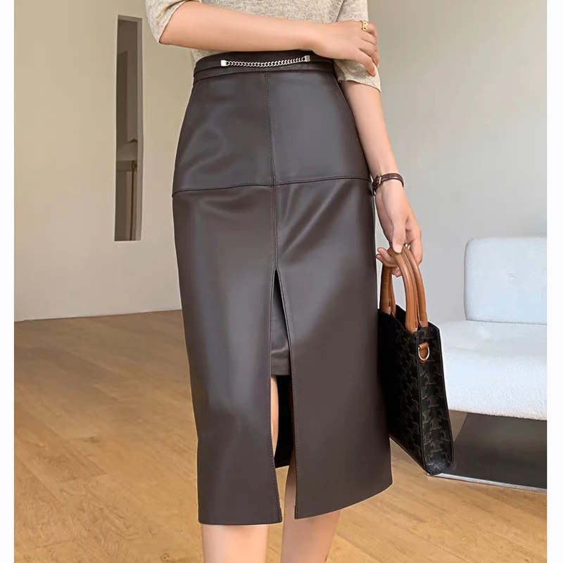 High End Women Genuine Leather Skirt With A Slit Design Chain Decoration One Step Wrapped Jupe Mujer Mid Length Deep Grey Faldas