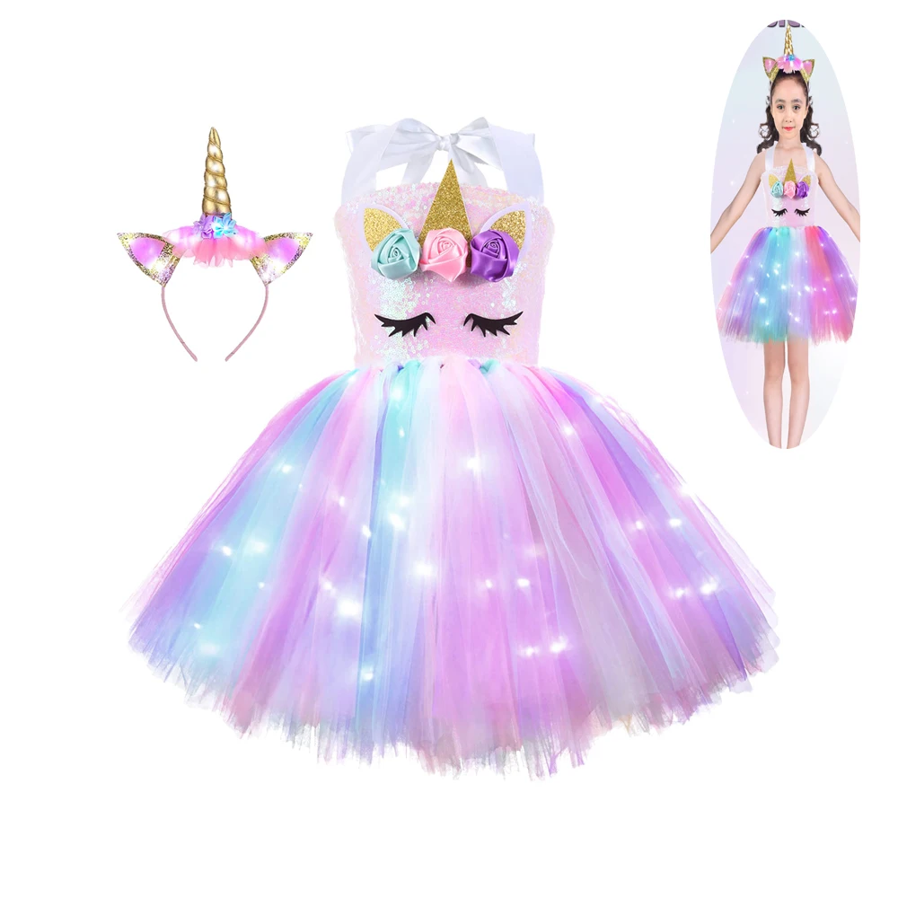 Sequin Unicorn Princess Costume for Girls Lighted Birthday Party Tutu Dress Halloween Decorations Christmas Outfit Gifts