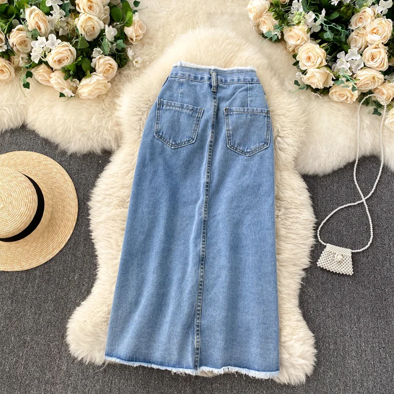 Foamlina Long Denim Skirt for Women Korean Fashion Vintage Tassels High Waist Single Breasted A-line Jeans Skirt with Pockets