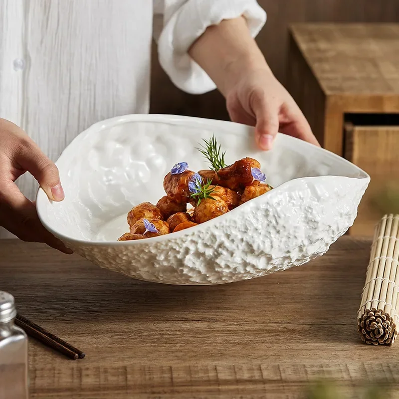 

8/10/12/14 Inch Creative White Plate Ceramic Tableware Restaurant Pasta Plate Household Dessert Stone Pattern Western Food Bowl