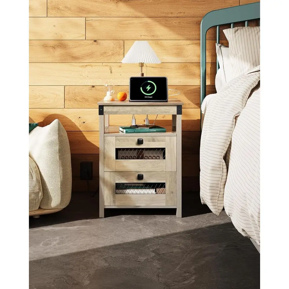 Nightstand with Charging Station, End Table, Bedside Table with 2 Drawers and Open Shelf, Rustic Nightstands for Bedroom, Greige