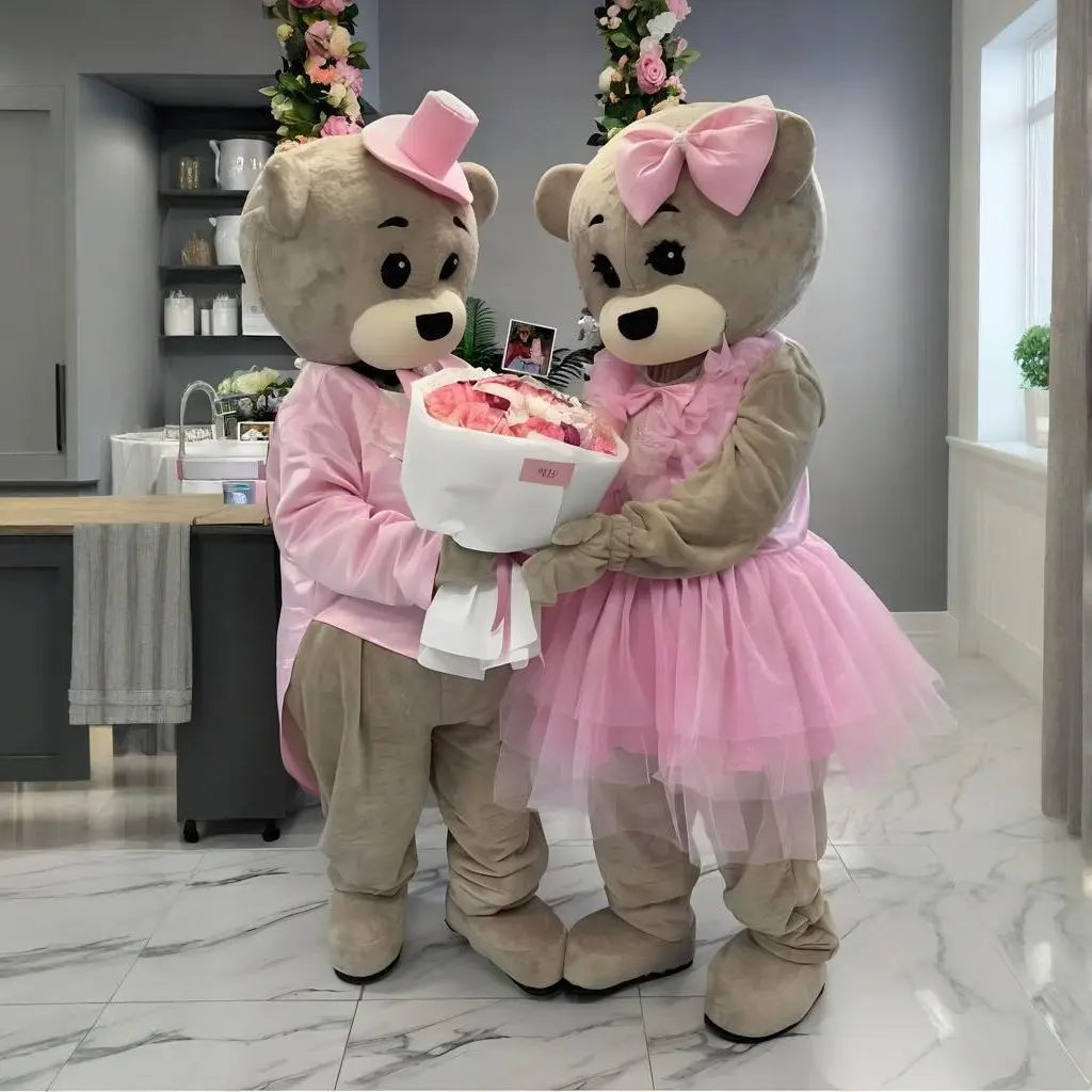 

Pink Dress Tuxedo Grey Bear Mascot Cosutume Customize Couple Style Animator Stage Performance Outfits Cartoon Doll Costumes