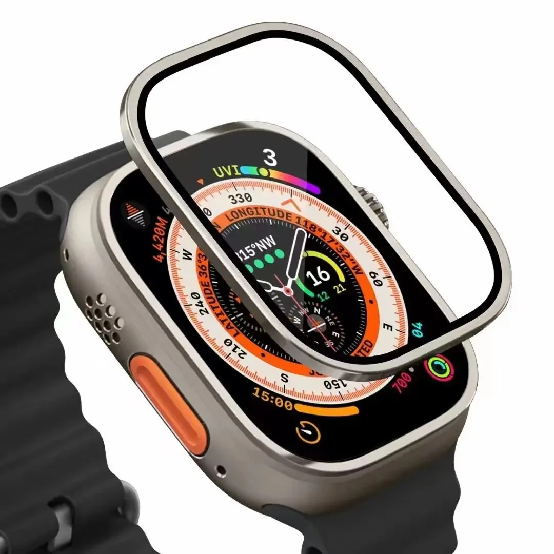 Parachoques de Metal + vidrio templado para Apple Watch Ultra 49mm, accesorios, Protector de pantalla antiarañazos, película completa HD, IWatch Ultra 49mm