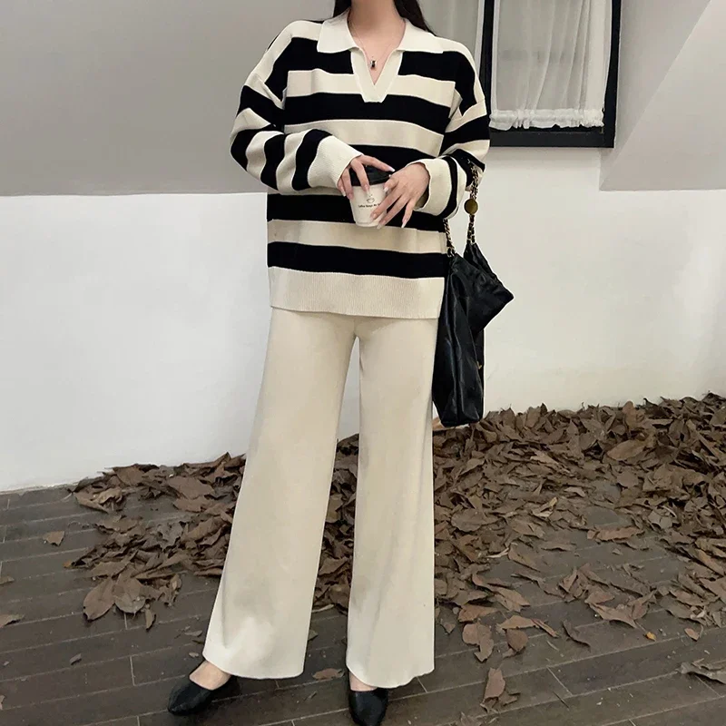 EVNISI Women Autumn Office Knitted Two Piece Set Striped Long Sleeve Pullover Sweater + Wide Leg Pants Sets Casual Loose Outfits