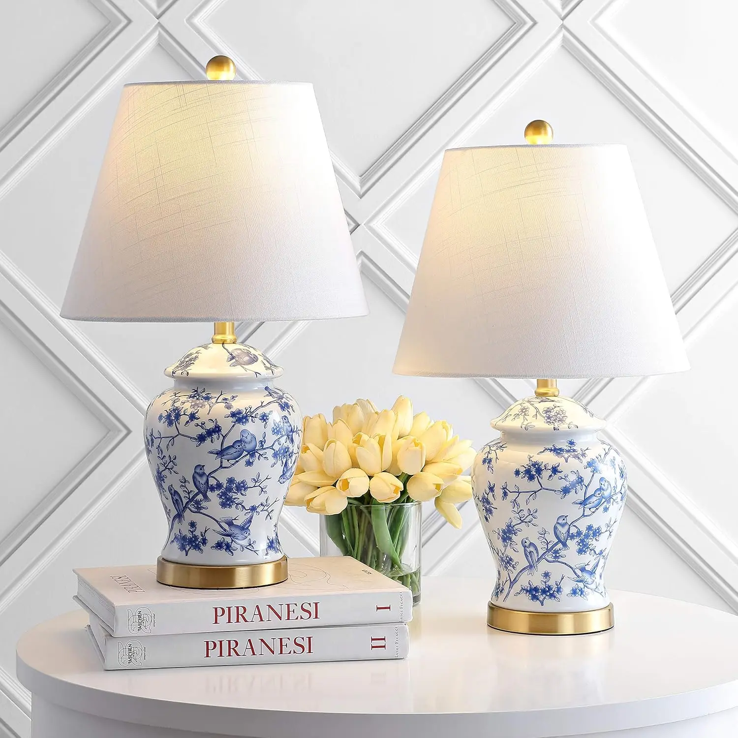 Set of 2 Blue/White Chinoiserie Table Lamps, 22" Traditional Design for Bedroom, Living Room, Office