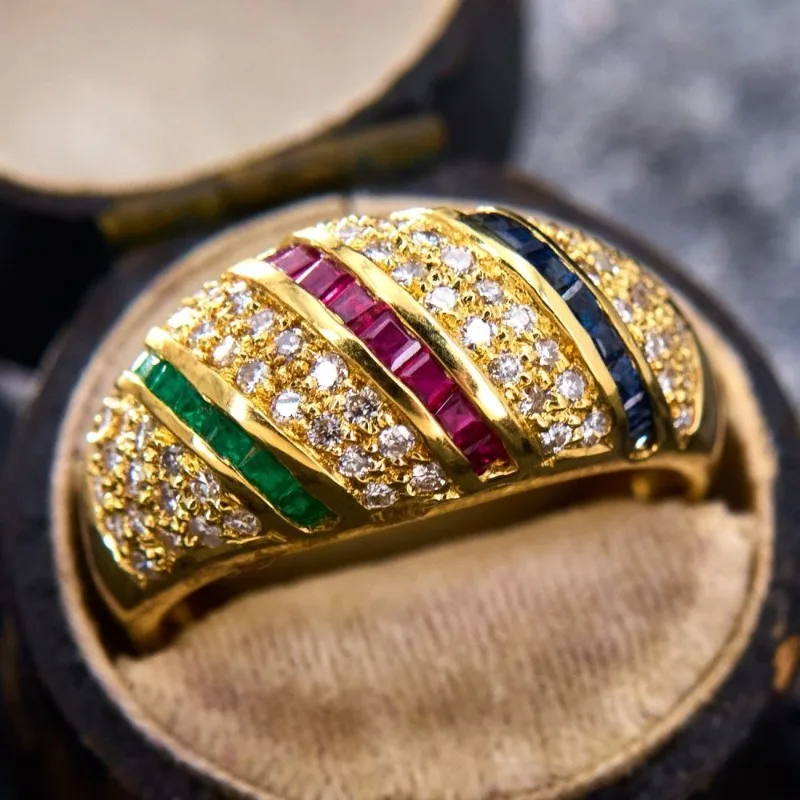 New Zircon Copper Inlaid Gemstone Ring, Women's Fashion Color Treasure Luxury Temperament Jewelry