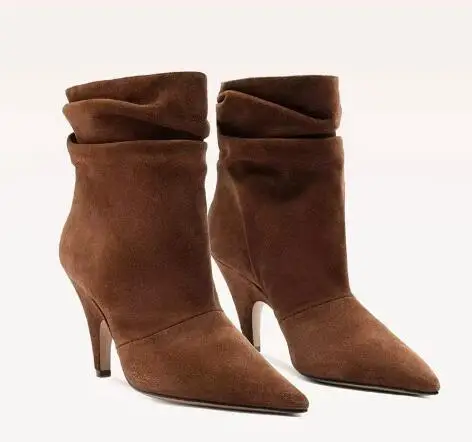 

Autumn Ladies Brown Suede Solid Pointed Toe Pleated Short Boots Women Fashion Stiletto High Heel Ankle Boots Drop Shipping