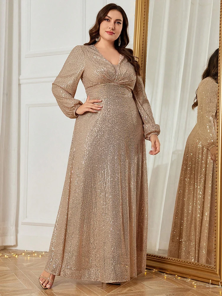 TOLEEN 2024 delle nuove donne di lusso elegante formale lungo maxi abiti plus size scollo a V manica lanterna paillettes partito abito da ballo da sera