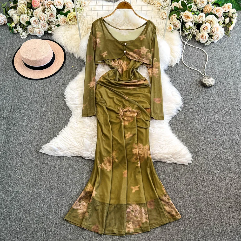 Elegant Oil Painting Printing Vintage Mesh Straps Dresses Long Sleeve Open Stitch Top French Evening High Street Autumn Clothing