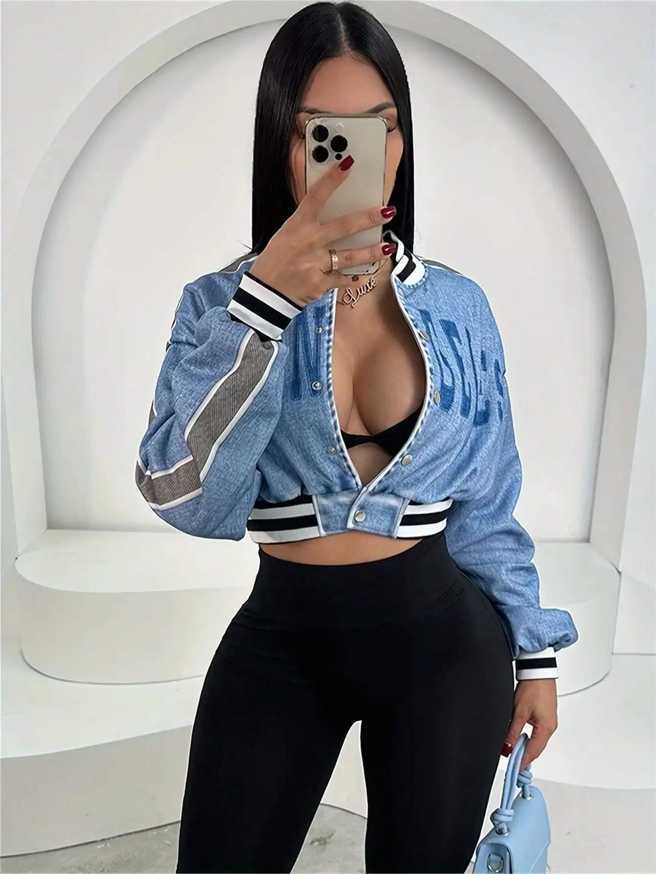 

Cropped Denim Jacket with Striped Trim and Letter Print - Y2K Streetwear Style