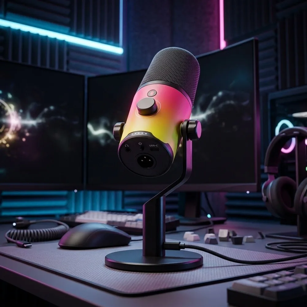 FOR RGB Colorful Dynamic Microphone For Gaming & Streaming Recording Insert And Play USB PC Mic With Noise Reduction