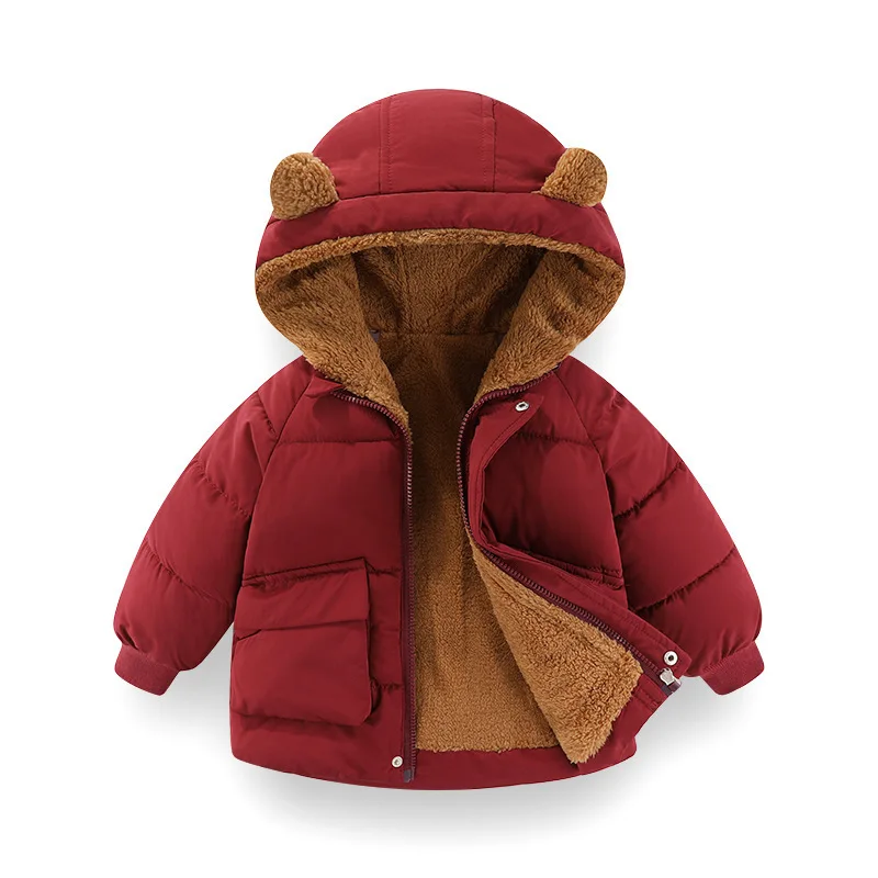 Cotton jacket Winter Korean version 1-7 year old boy and girls plus velvet warm hooded down overcoat fashion children clothing