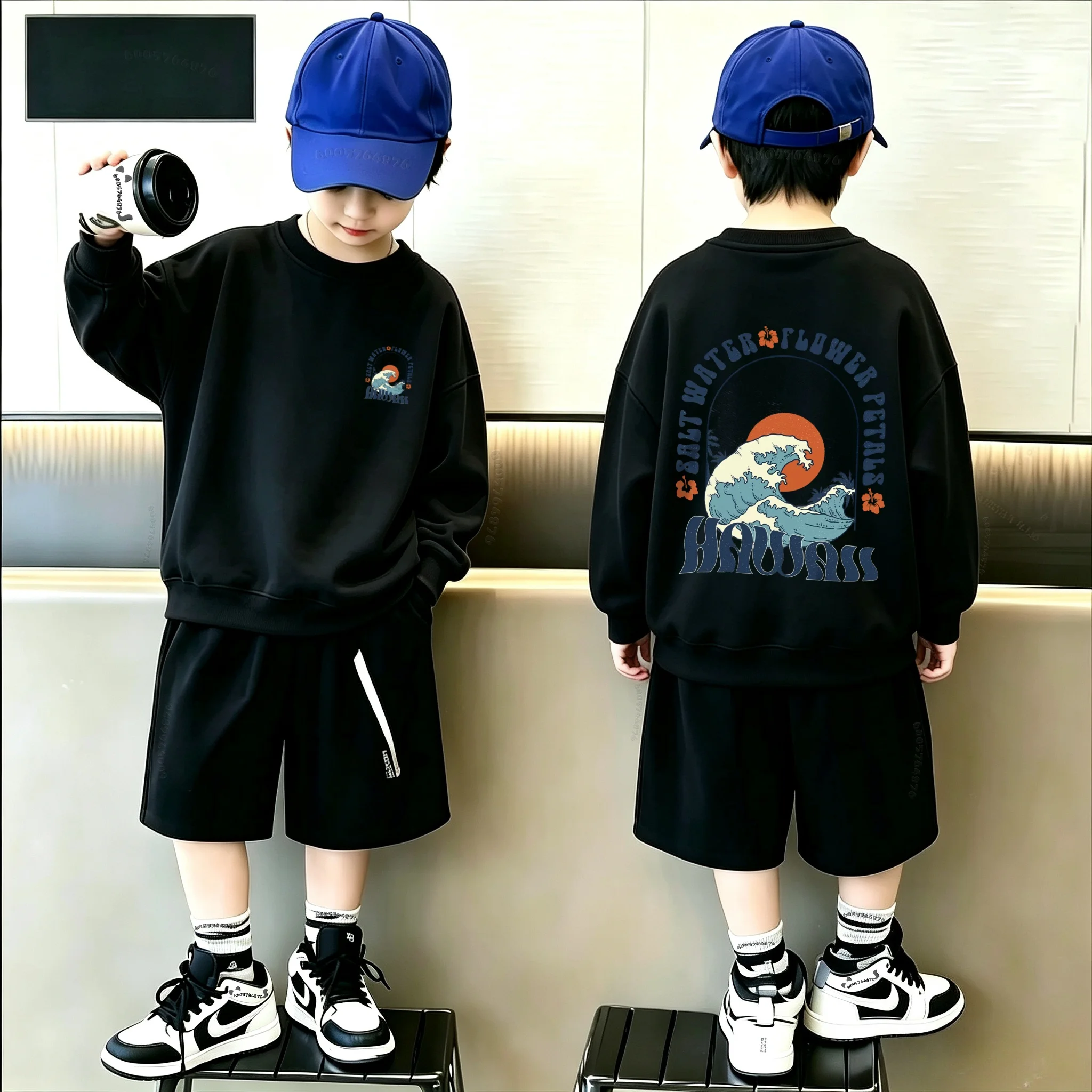 New Autumn Winter Kids Sweatshirt Hawaii Sea Wave Salt Water Flower Slogan Double Side Print Boys Girls Streetwear Pullover Top