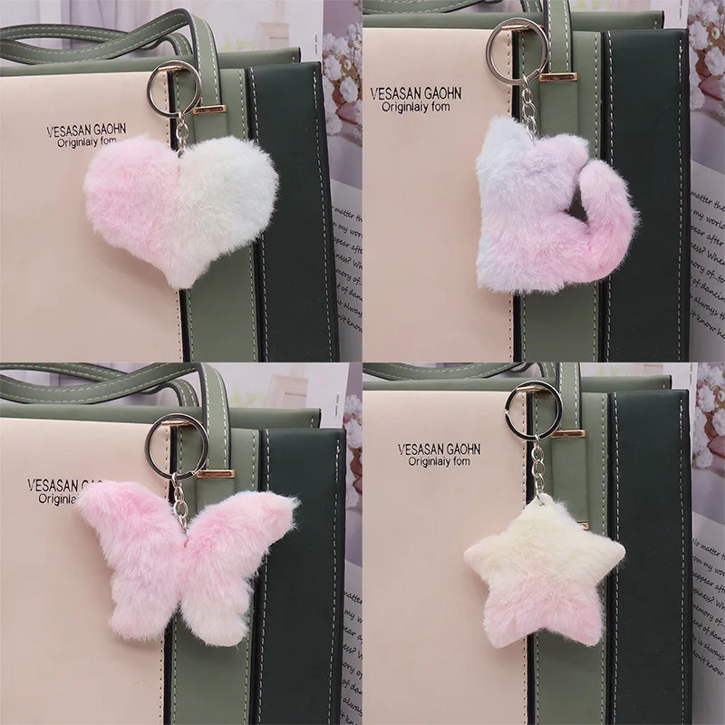Cute Colour Star Plush Keychain Women Bag Accessory Pentagram Butterfly Kitty Key Chains  Charm Backpack Hanging Ornament