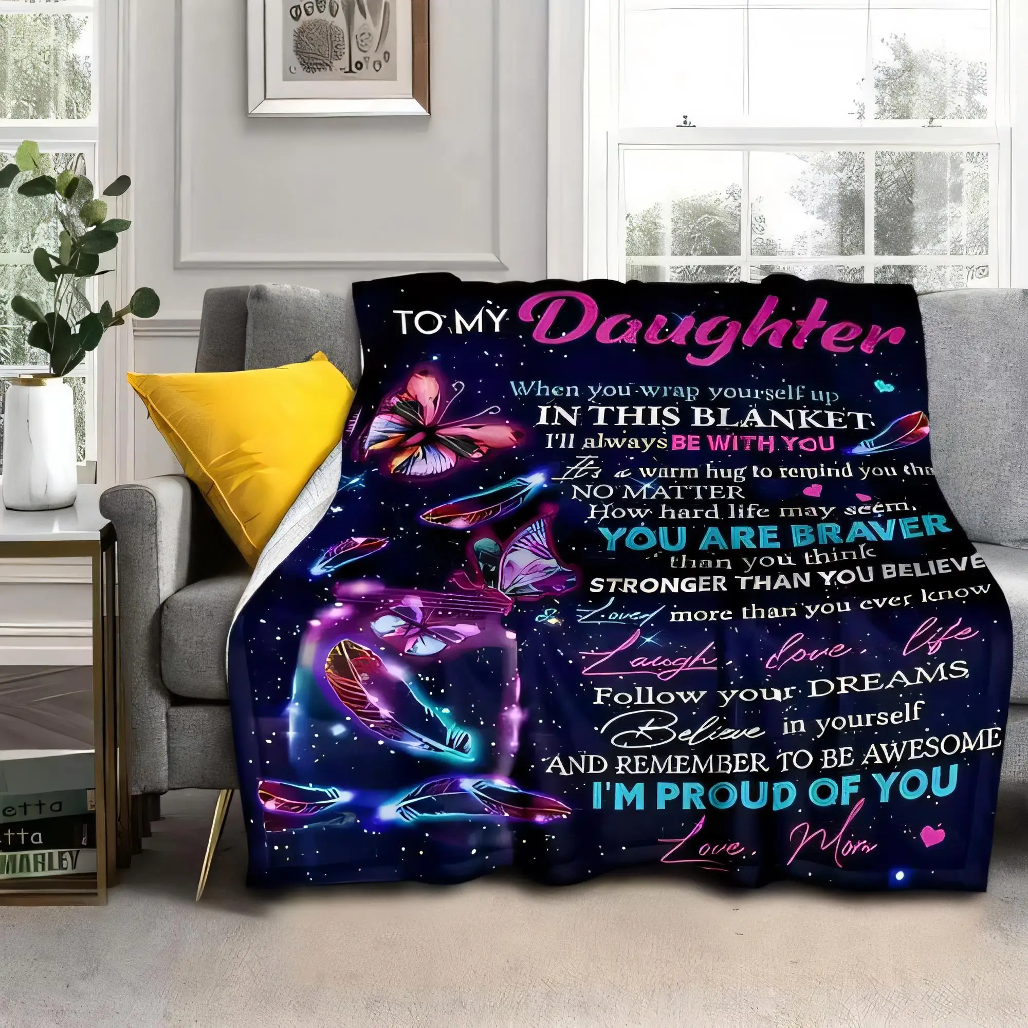 Personalized Cozy Blanket for Daughter with Neon Butterflies Warm Hug Message, Soft Decorative Throw for Couch, Inspirational Gi
