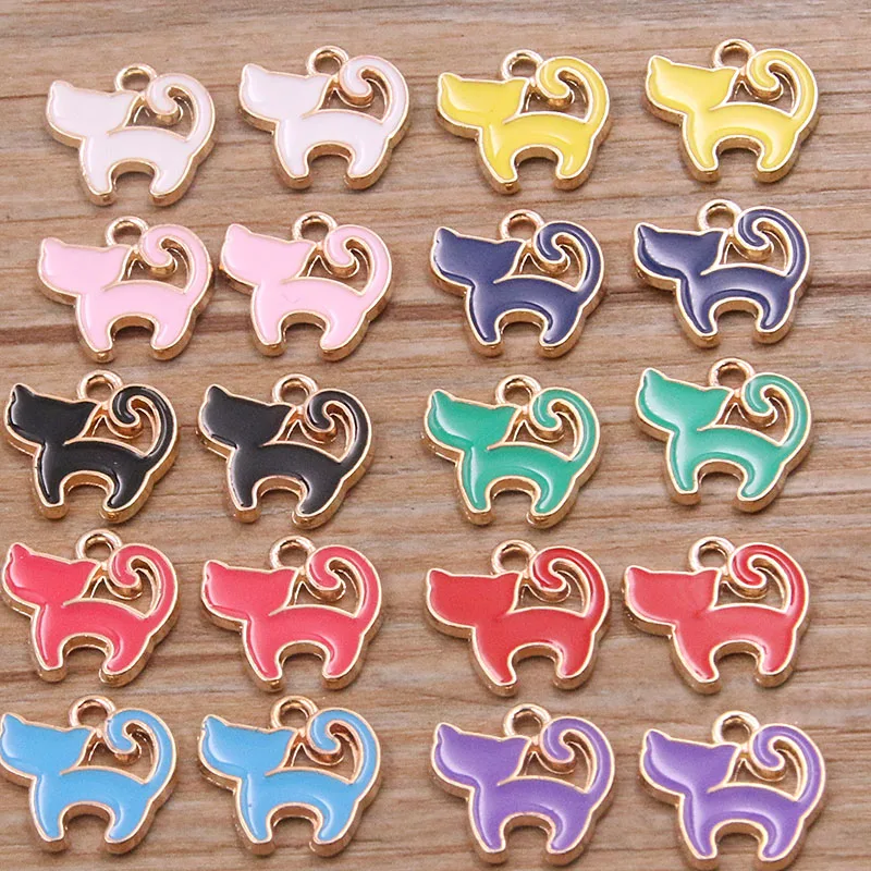 30pcs/Lot 13*13mm 10Color Cute Enamel Cartoon Cat Pendants For Necklaces Earrings Girl Charms Jewelry Making Findings