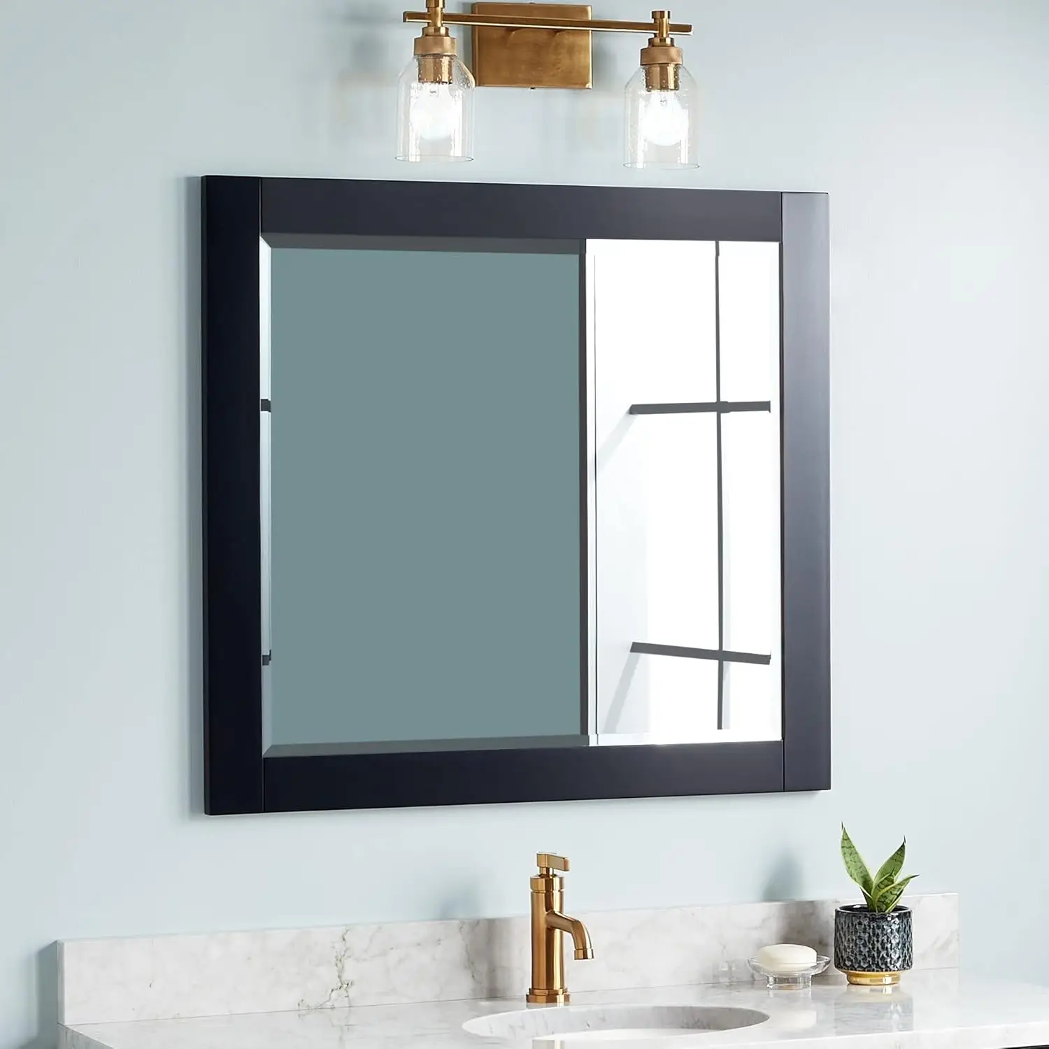 482889 Fallbrook 31-1/2" x 34" Framed Bathroom Mirror - Midnight Navy Blue