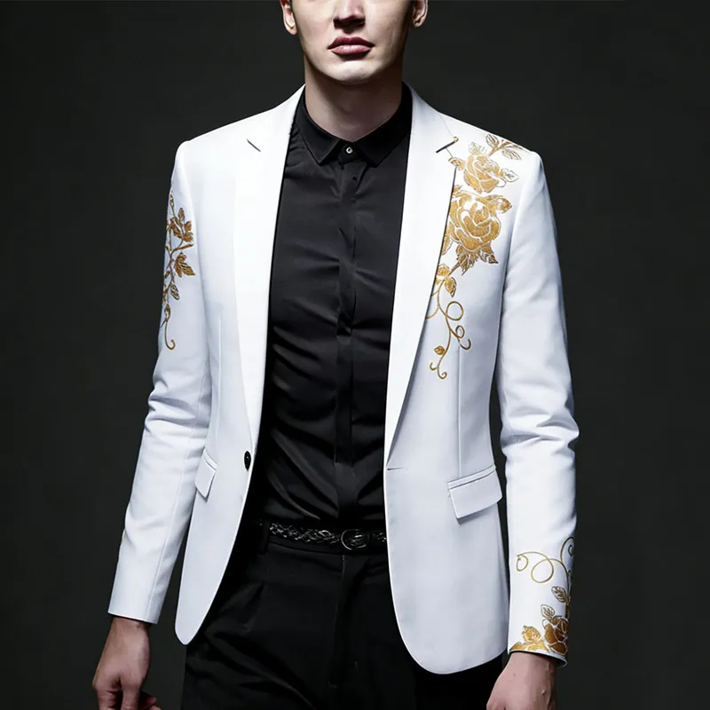 

Весенний мужской костюм Slim Fit 2026 для свадьбы и повседневной носки с золотым принтом, европейский размер, модный городской стиль, смесовый хлопок