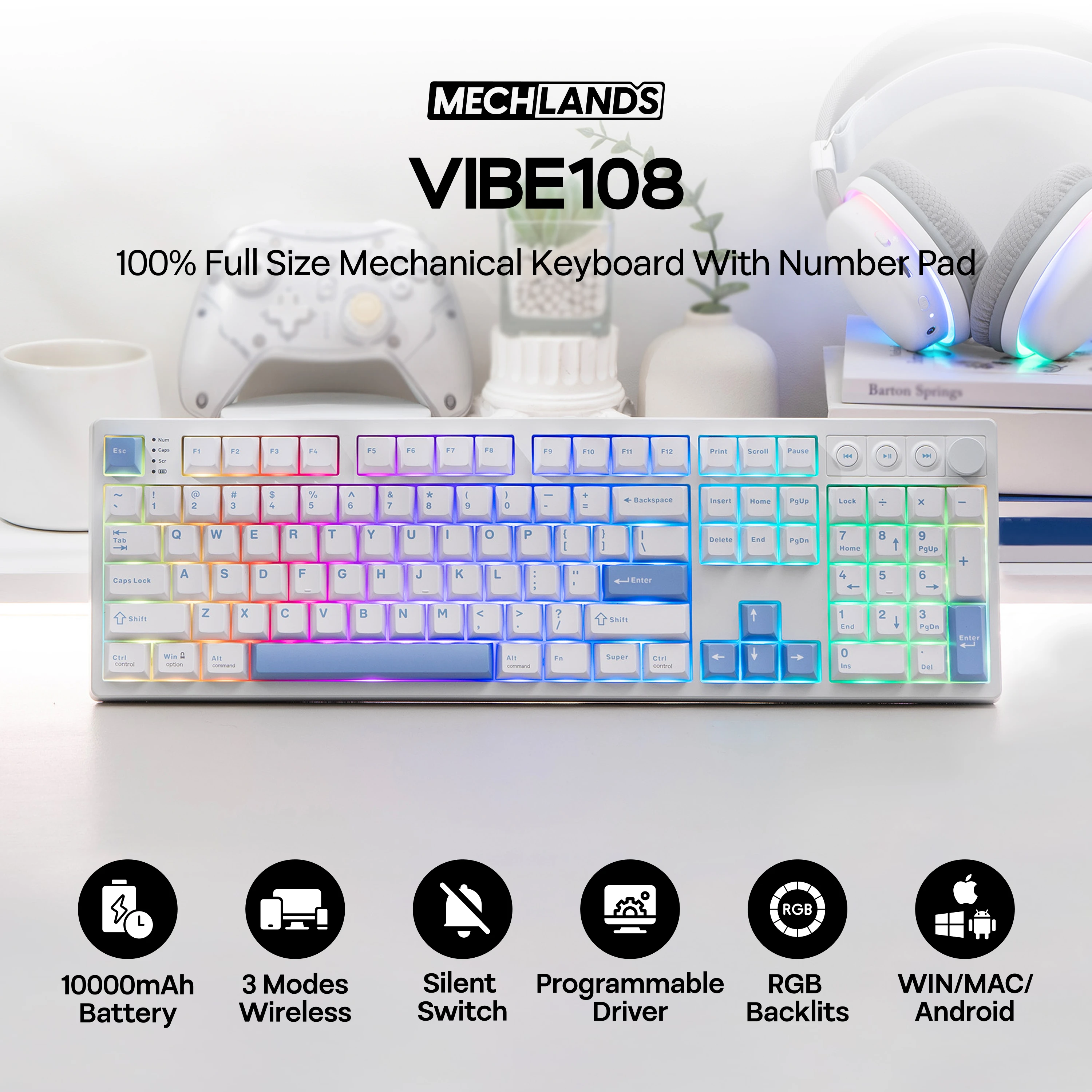 MechLands Vibe108 100% Full Sized ANSI US Layout Wired/BT/2.4GHz Wireless Mechanical Keyboard with 10000mAh Battery RGB Backlits