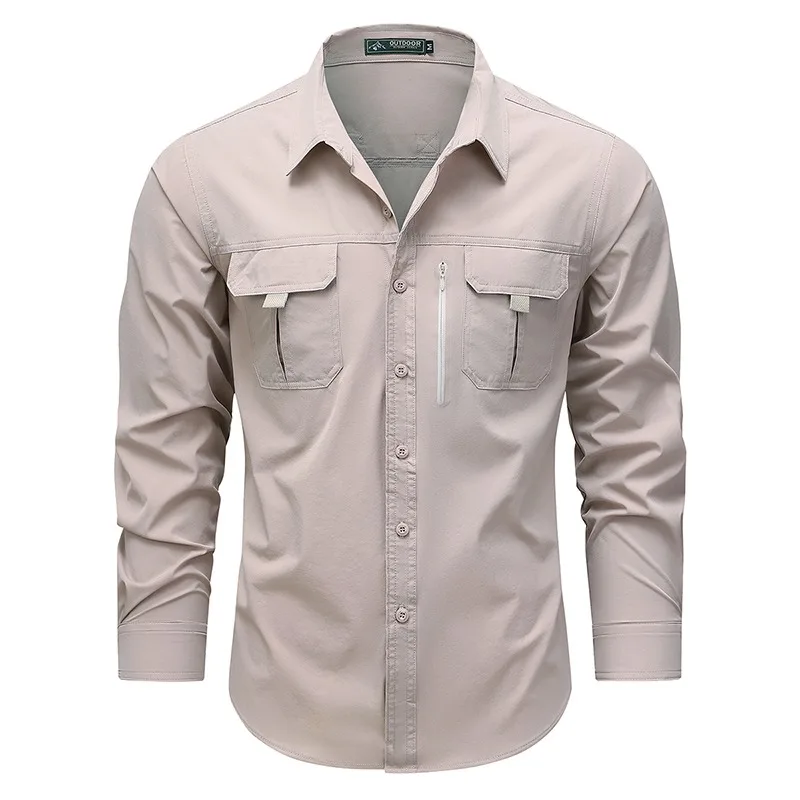 Men's Quick Dry Outdoor Long Sleeve Shirt with Chest Pockets & Zipper Pocket Lightweight Tactical Hiking Travel Shirt