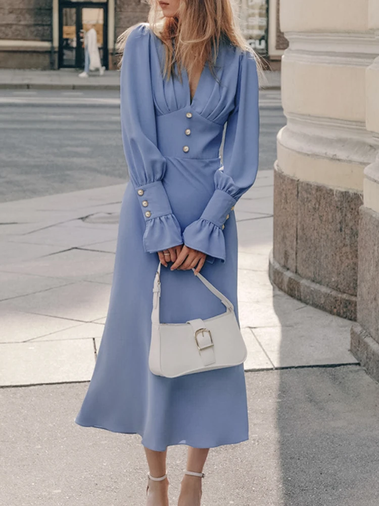 2024 Spring Summer Mew V-Neck Solid Color Elegant Dress Lantern Long Sleeve High Waist Slim Fit Chic Pearl Button Long Dress