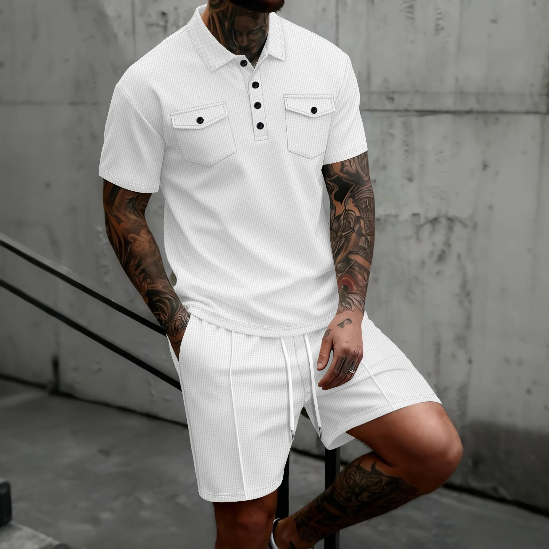 

New men's waffle knit polo shirt and waist-hugging shorts set, double-pocket short-sleeved polo shirt shorts summer fashion set