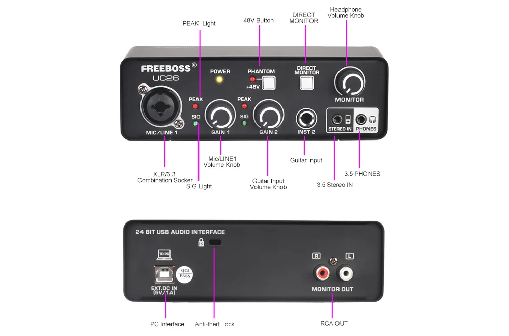 FREEBOSS Stereo Recording Audio Interface Guitar ASIO4ALL 3 Channels Input Monitor 48V External Usb Sound Card for Studio UC26